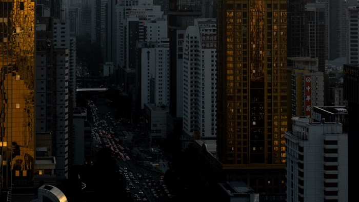 Skyscrapers in a city at dusk