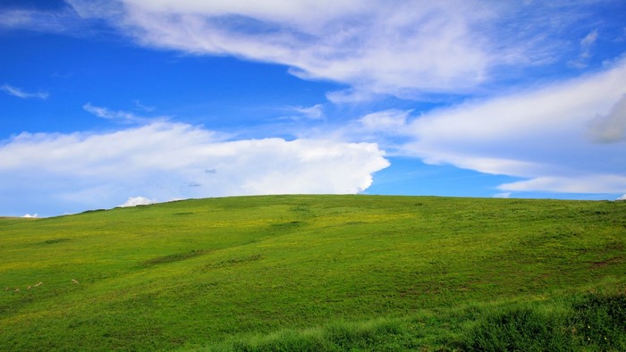 Green rolling hills under a blue sky with clouds