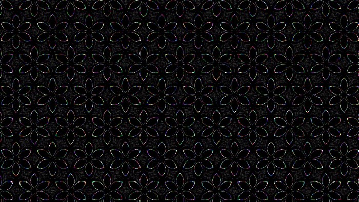 Black background with a repeating floral pattern of colorful dots