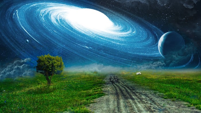 Fantasy landscape with galaxy and planet