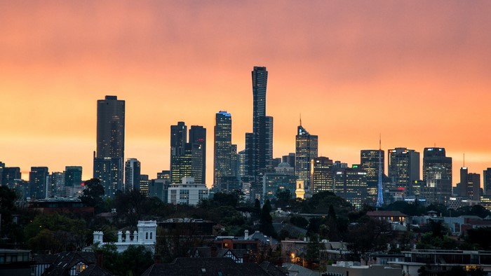 City skyline with skyscrapers at sunset