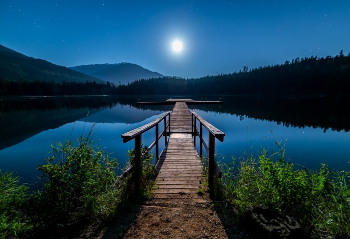 Moonlit Lake with Dock and Mountains
