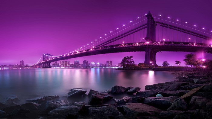 Manhattan Bridge at Night with Purple Sky