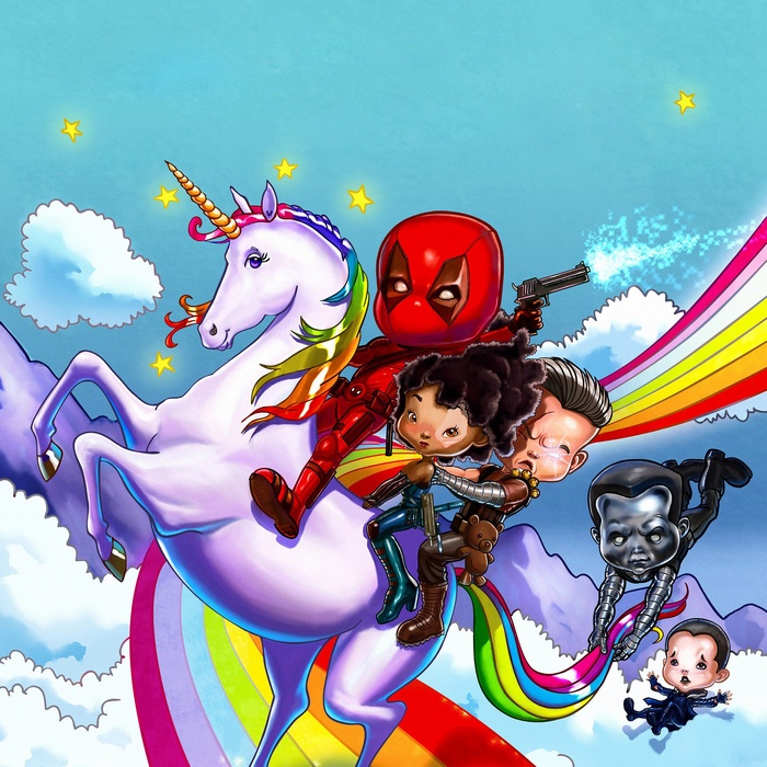 Deadpool, Cable, Domino, and Colossus riding a unicorn