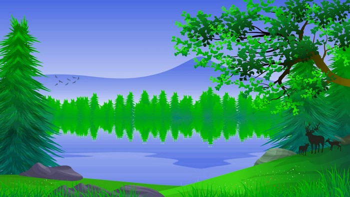 Deer family by a lake with pine trees