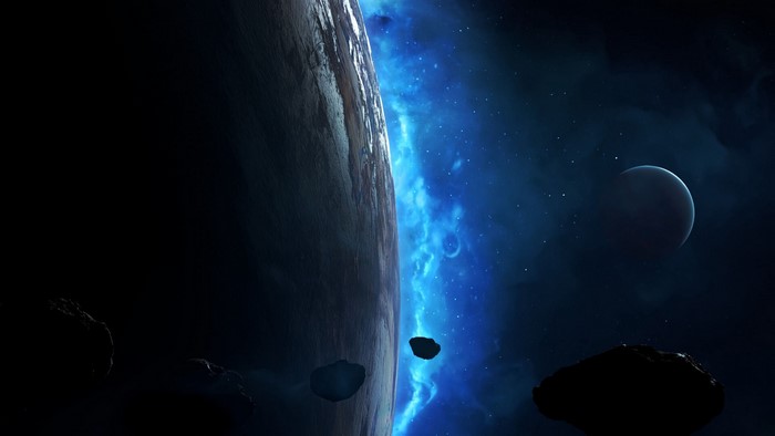 Planet and moon in a nebula