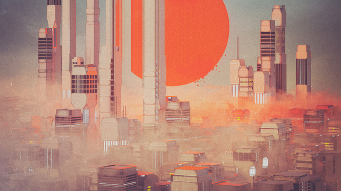 Futuristic city with a large orange sun