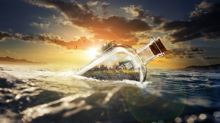 Message in a bottle with a miniature landscape at sunset