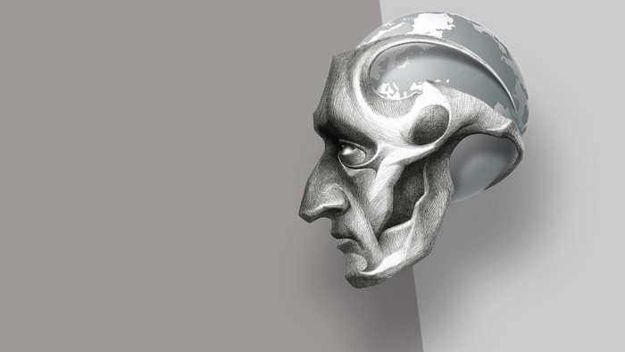 Profile of a stylized head with a globe inside