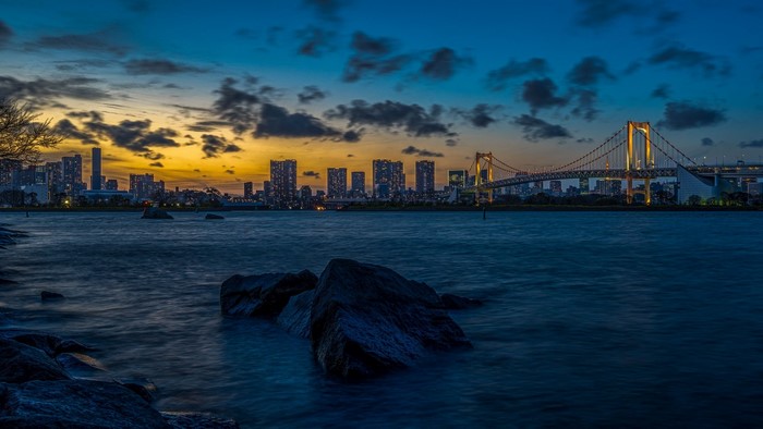 Tokyo cityscape with Rainbow Bridge at dusk