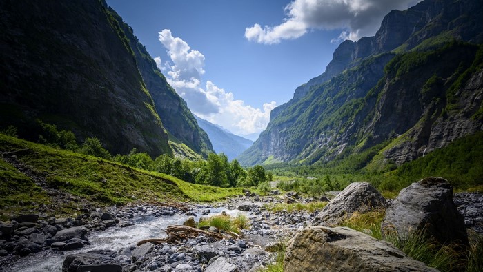 Mountain valley with a river and rocks