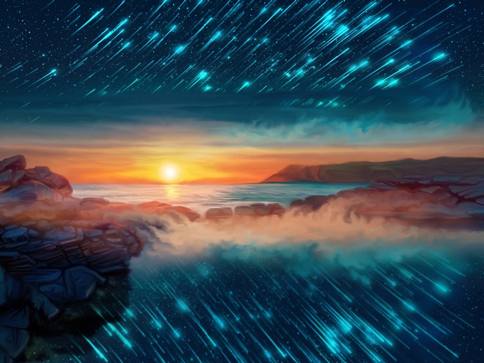 Digital art seascape with sunset and meteor shower