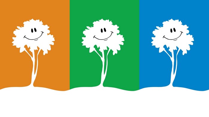 Smiling trees on colorful backgrounds