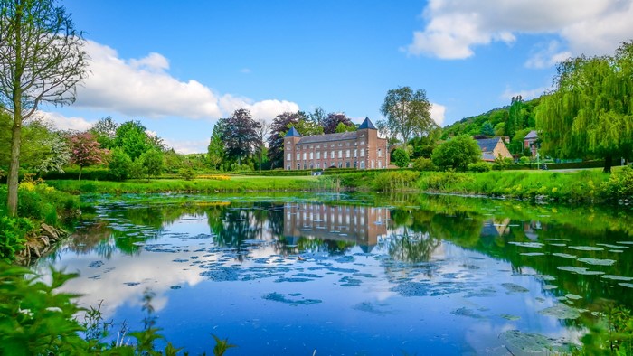 Castle reflected in a pond with trees and blue sky