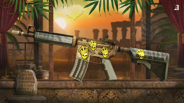 CS:GO M4A4 skin with skull and crown decals