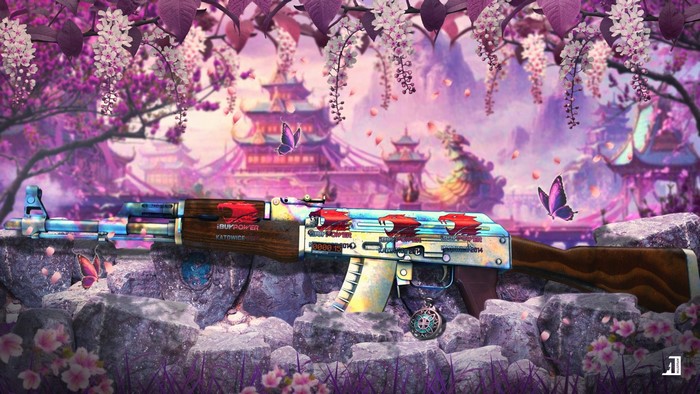 AK-47 Asiimov CS:GO skin with Japanese-inspired background