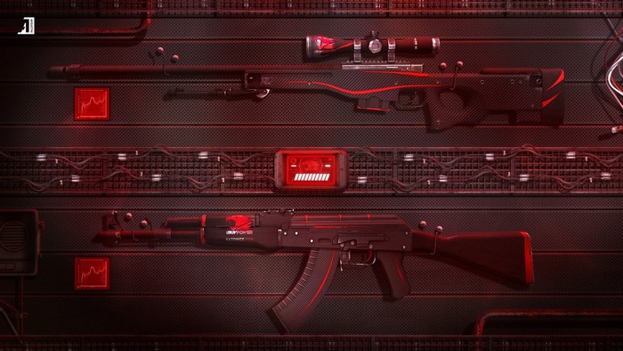 CS:GO sniper rifle and AK-47 on red background