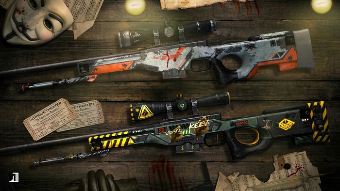 Two custom sniper rifles on a wooden table