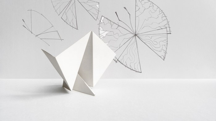 Paper origami butterfly with sketched wings