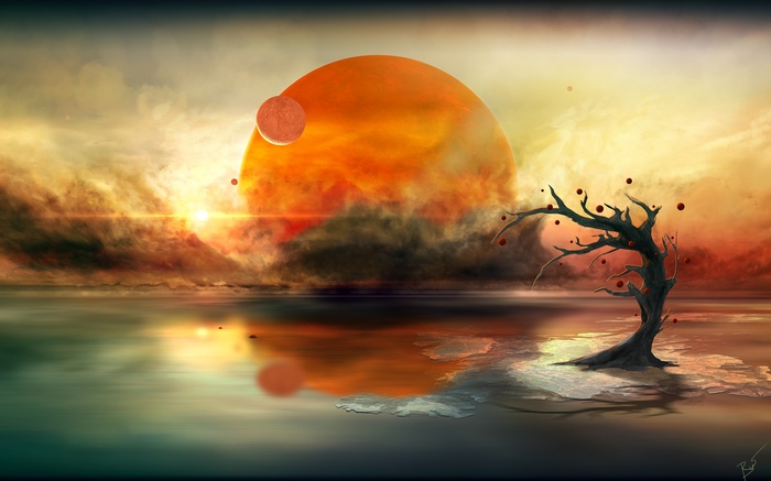 Alien landscape with large orange planet and barren tree
