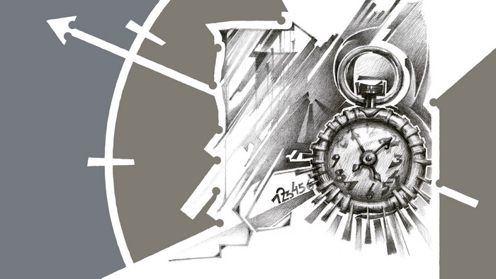 Abstract clock with gears and arrows