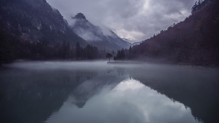 Misty Lake and Mountains