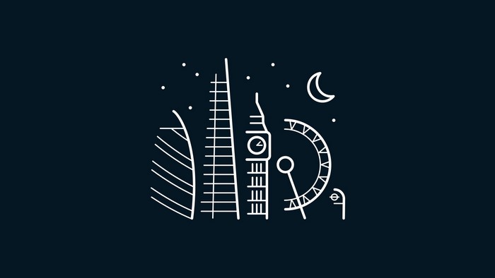 Minimalist London skyline with moon and stars