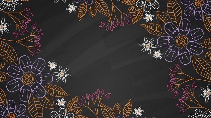 Chalkboard floral illustration with purple, white, and orange flowers