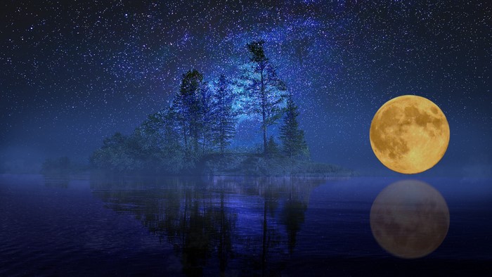 4K Night Sky Over Island and Moon