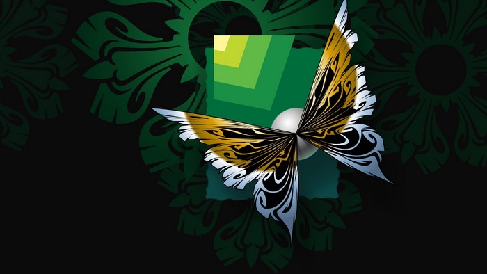Butterfly with green square and floral background