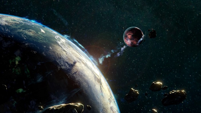 Planet and moon in space with asteroids