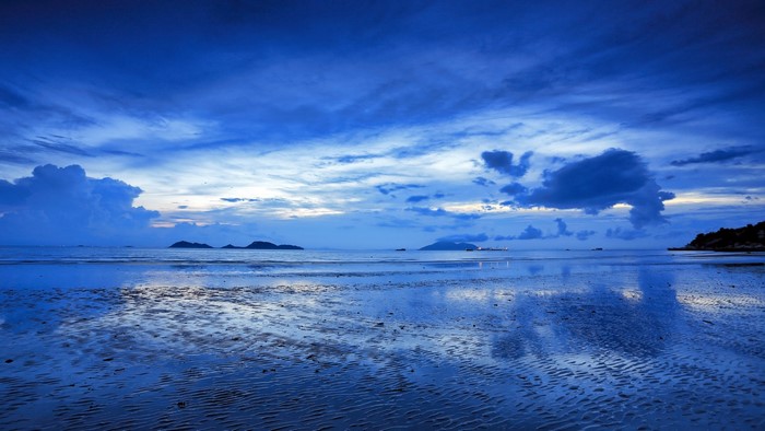 Blue Hour Beach with Islands and Clouds