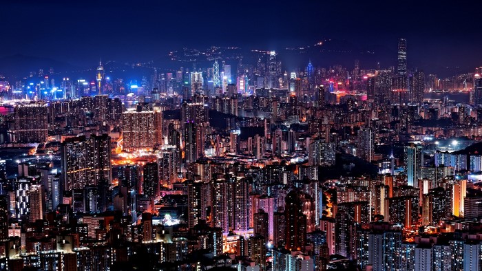 Night cityscape with illuminated skyscrapers