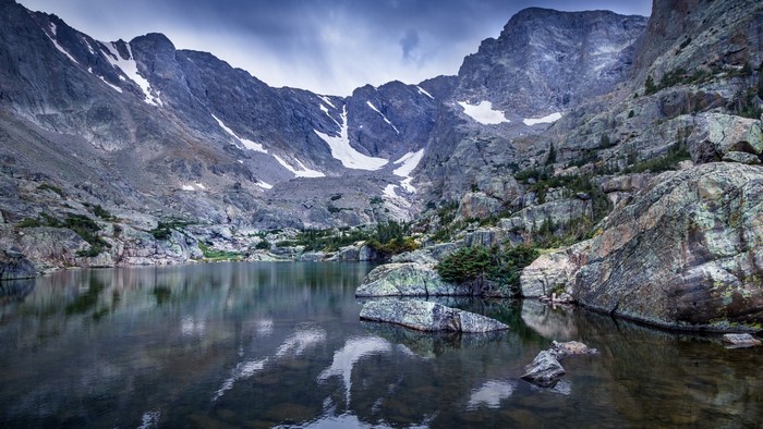 Rocky Mountains Lake with Snow-Capped Peaks