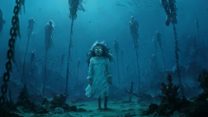 Underwater scene with a ghostly girl and chains