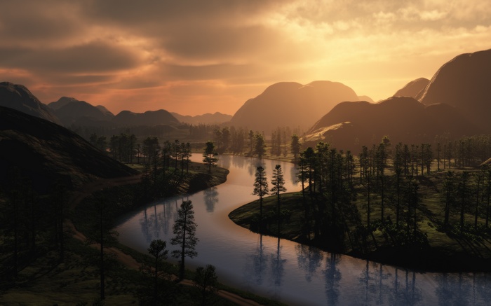 River flowing through mountains at sunset