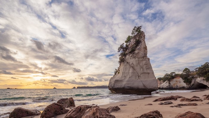 Cathedral Cove beach with rock formations and ocean