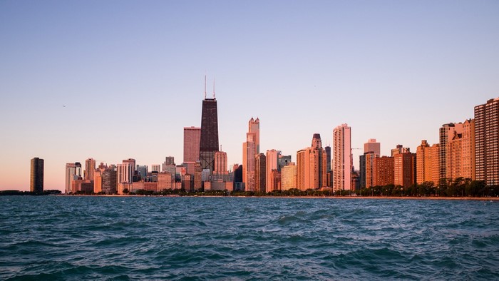 Chicago Skyline over Lake Michigan at Sunset