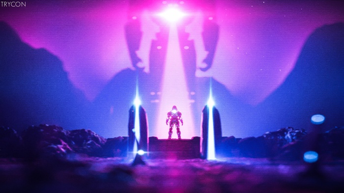 Man in armor under neon lights