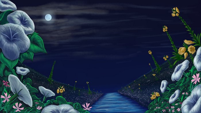 Night scene with moon, river, and flowers