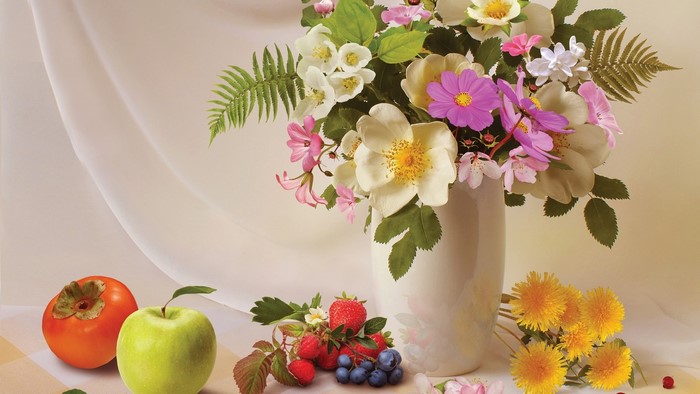 Still life with flowers and fruits