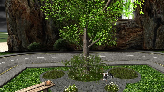 4K 3D graphics of a park with rocks and a tree