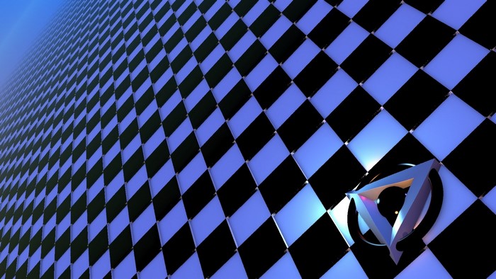 3D abstract checkered pattern with metallic logo