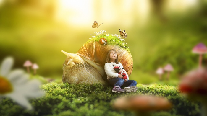 Dream, Sun light, Snail, Butterflies, 4K, Nature, Girl, Landscape