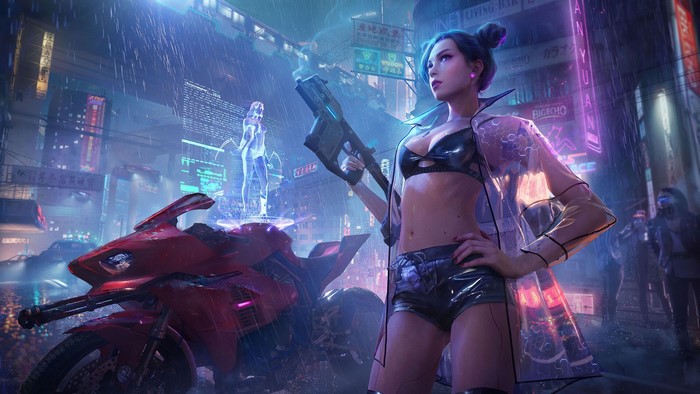 Woman with gun and motorcycle in Cyberpunk city