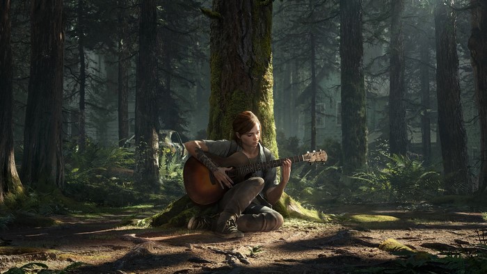Ellie from The Last of Us Part II playing guitar in a forest