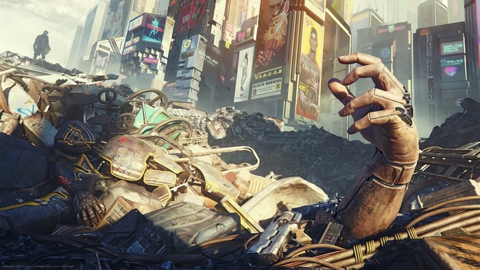 Cyberpunk 2077 trash heap with robotic arm