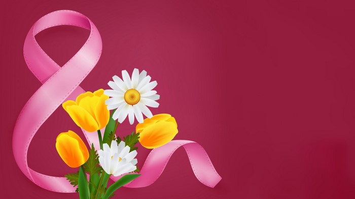 Pink ribbon with tulips and daisies