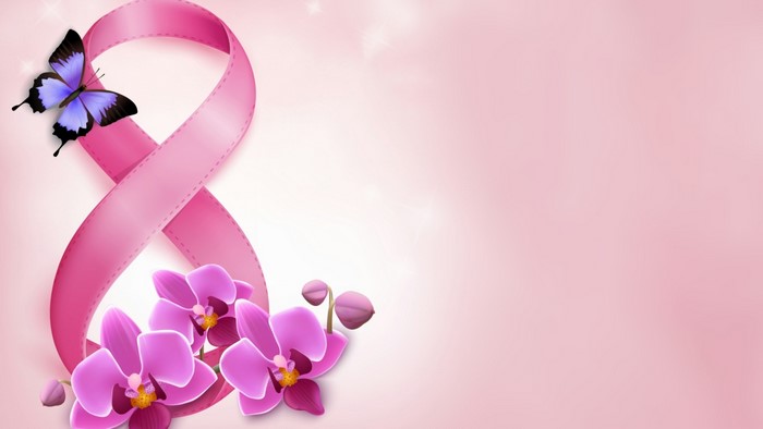 Pink ribbon with butterfly and orchids
