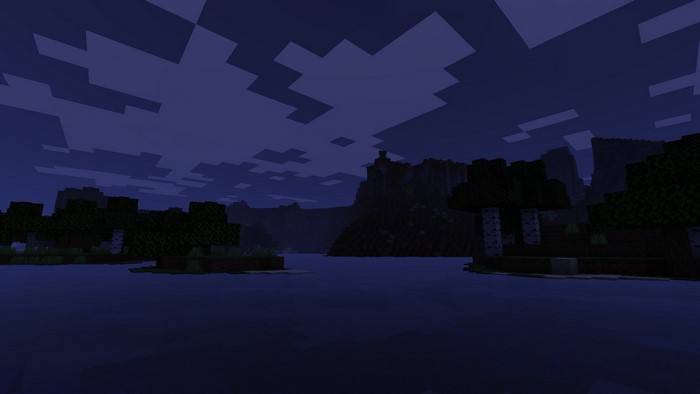 Minecraft lake at dusk with trees and mountains
